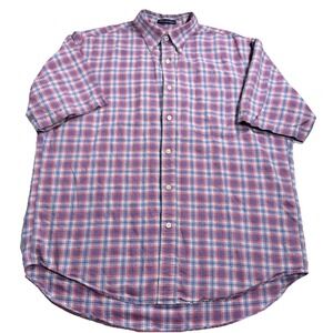 Austin Reed Mens Short Sleeve Plaid Button Down Shirt Red Blue White Linen L
